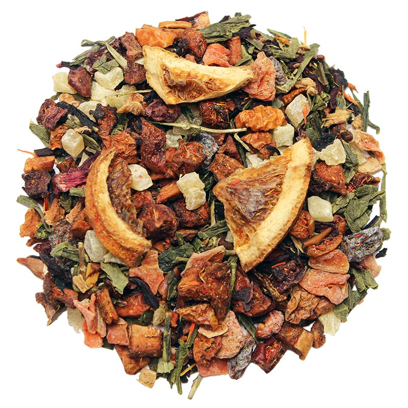 A mix of organic green tea, dried tangerine, dried oranges, organic thyme, organic hibiscus, organic beetroot. 